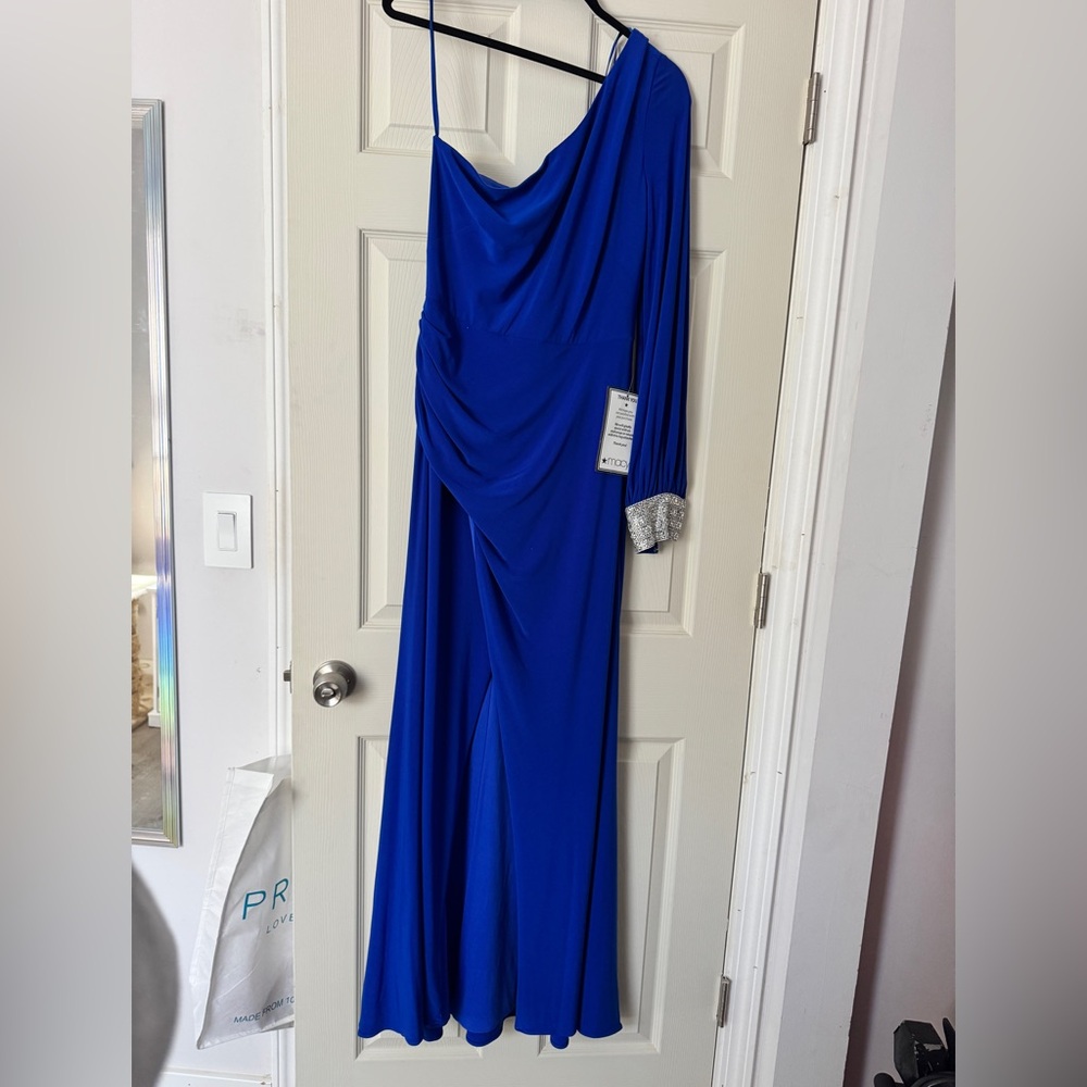 Betsy & Adam Royal Blue One-Shoulder Evening Gown with Side Slit- NWT - Picture 4 of 6